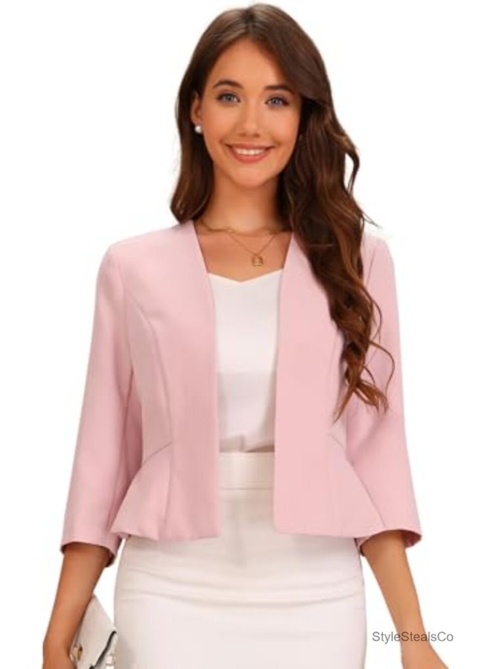 Cropped Blazer Womens Collarless 3/4 Sleeve Open Front Peplum Business Suit